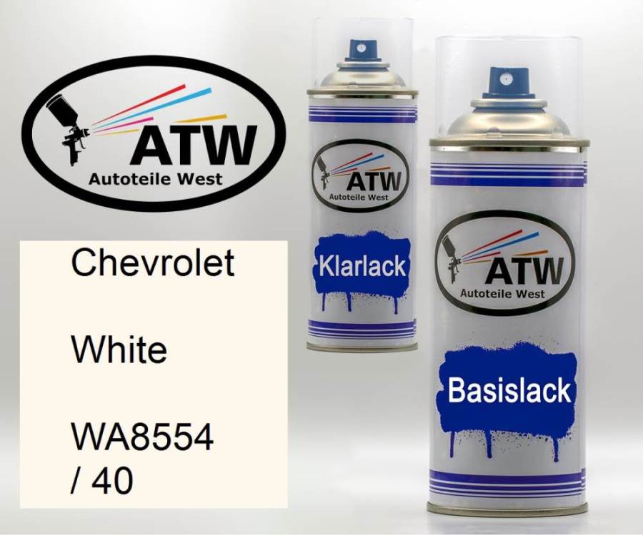 Chevrolet, White, WA8554 / 40: 400ml Sprühdose + 400ml Klarlack - Set, von ATW Autoteile West.